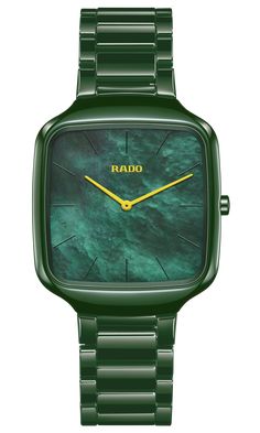 Experience the harmonious blend of artistic expression and Swiss precision with the Rado True Square Thinline. Powered by a reliable Quartz Rado calibre R420 movement, this watch ensures precise timekeeping with effortless elegance. The 37 mm case size strikes the perfect balance between style and wearability, making it suitable for any occasion. The polished green high-tech ceramic case and crown exhibit a bold and contemporary aesthetic, embodying the essence of modern design. With its monobloc construction and flat sapphire crystal, this watch exudes durability and timeless elegance. The dial features a green mother-of-pearl dial with yellow lacquered hands and yellow printed Rado logo. Crafted with precision, the polished green high-tech ceramic bracelet complements the case, creating Modern Green Watch For Formal Occasions, Formal Green Watch Accessories With Rectangular Dial, Modern Green Business Watches, Green Watches With Rectangular Dial And Analog Display, Timeless Green Watch With Analog Display, Modern Green Watch Accessories With Rectangular Dial, Modern Green Formal Watches, Elegant Green Watches With Rectangular Dial, Elegant Green Chronograph Watch