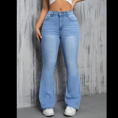 Women's Light Blue Flare Jeans, Casual Style, Stretchy Denim Pants, Slim Fit Bell Bottoms For Fashionable Everyday Wear Blue Mid-rise Flare Jeans, Mid-rise Blue Flare Jeans, Mid-rise Blue Fitted Flare Jeans, Blue Flare Denim Jeans, Light Blue Mid-rise Denim Jeans, Blue Denim Flare Pants, Blue Flare Denim Pants, Non-stretch High Rise Light Blue Jeans, Light Blue Stretch High-rise Jeans