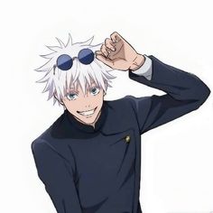 an anime character with white hair and blue eyes is posing for the camera while holding his hands behind his head