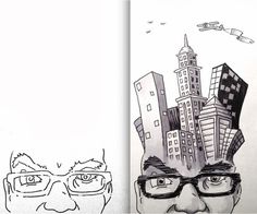 a drawing of a man's head with glasses and buildings in the background