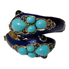 Trifari Enamel Snake Cuff with large faux turquoises and faux sapphires on a deep blue enamel base. Circa 1960s  Absolutely stunning piece Contemporary Costumes, Christmas Bracelet, Matching Earrings, Deep Blue, Costume Jewelry, Jewelry Art, Jewelry Shop, Cuff Bracelets, 1960s