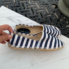 Gap Canvas Striped Espadrilles Size 7 Blue Casual Espadrilles For Spring, Blue Casual Espadrilles With Round Toe, Casual Blue Espadrilles For Spring, Blue Casual Espadrilles, Casual White Espadrilles, Trendy White Espadrilles With Woven Sole, Blue Comfortable Espadrilles For Summer, Comfortable Low-top Espadrilles For Beach, Casual Low-top Espadrilles For Beach