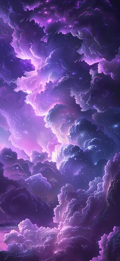 the sky is filled with purple clouds and stars