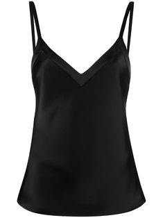 black satin finish V-neck spaghetti straps straight hem Silk V-neck Tank Top With Adjustable Straps, Satin V-neck Camisole With Delicate Straps, Silk V-neck Camisole With Adjustable Straps, V-neck Top With Adjustable Straps For Night Out, Sleek Camisole With Built-in Bra For Night Out, Black Satin Spaghetti Strap Tank Top, Black Satin Cami Tank Top, Black Satin Camisole For Summer, Elegant V-neck Top With Adjustable Straps