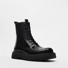 Zara Lace Up Combat Style Lug Sole Boot Genuine Leather Black I Can’t Find If This Is A Man’s Or Womens Size 39 But From The Tag I Assume It Is Mens. This Boot Seems Big For A 39 Or Mens 6. The Top Part Measures About 10.5” Long And Bottom Of The Sole Measures 11 1/2” For Reference. New With Tags. We Zara Boots Men, Casual Platform Lace-up Boots For Work, Black Pointed Toe Combat Boots, Casual Black Combat Boots With Pointed Toe, Zara Leather Ankle Combat Boots, Zara Casual Lace-up Boots, Zara Casual Boots With Lug Sole, Zara High-top Leather Boots, Zara Black Casual Platform Boots