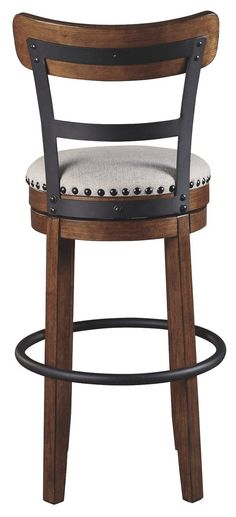 an upholstered bar stool with a cushion on the back and seat padding