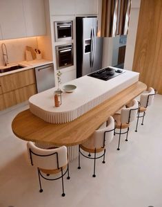 a modern kitchen with an island counter and stools