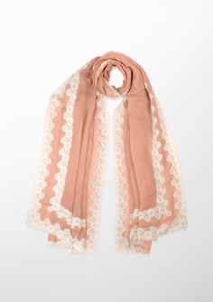 Indulge in the timeless allure of this gracefully hand crafted scarf. Created from a very light and airy linen and modal blend, this light copper scarf is emboldened by a contrasting double white floral lace border. The intricate lacework, reminiscent of blooming petals, adds a touch of romance to the scarf's design, creating a captivating visual interplay. This versatile accessory effortlessly transitions from casual to formal, providing a graceful complement to any ensemble. Light Copper, Lace Border, Scarf Design, Ivory Lace, Floral Lace, White Lace, Neck Tie, Hand Crafted, Cashmere