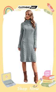 Winter Gray Hand Knitted High Neck Sweater Dress High Neck Sweater Dress, Knitted Texture, Short Sleeve Floral Dress, Dress Sleeve Length, Babydoll Style, High Neck Sweater, Shirt Dress Style, Floral Blue Dress, Wholesale Dress