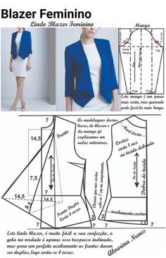 the front and back view of a women's blazer sewing pattern, with instructions to