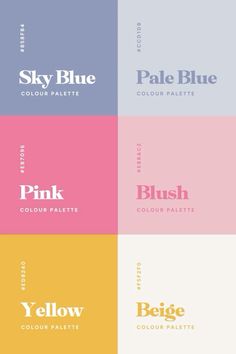 four different color palettes with the words pink, blue, yellow and green on them