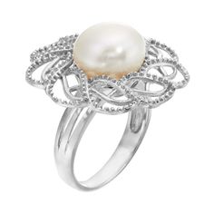 Adorned with a freshwater cultured pearl situated in an open-worked floral motif, this sterling silver ring exudes elegance. Comes in a gift box. Click on this JEWELRY & WATCHES GUIDE to learn about fit, styles, materials and more!RING DETAILS Width: 1.25 in. Metal: rhodium-plated sterling silver Features: miligrain detailing CULTURED PEARL DETAILS Type: freshwater Shape: button Size: 9 mm Color: white Gemstones may have been treated to enhance their appearance. Special care may be required. Ple Elegant Open Pearl Ring, Elegant Pearl Drop Ring As Gift, Elegant White Pearl Ring Gift, Flower Shaped Pearl Ring For Wedding, Elegant Pearl Rings As A Gift, Elegant Flower Ring For Formal Occasions, Elegant Flower Rings For Anniversary, Elegant Flower-shaped Rings For Anniversary, Elegant White Gold Flower Rings