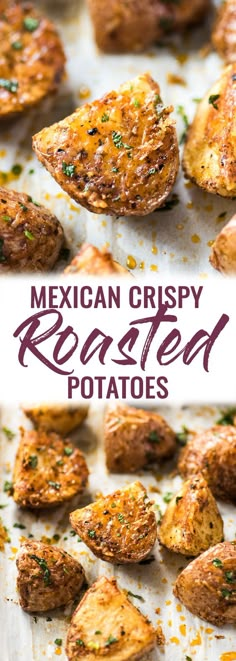 mexican crispy roasted potatoes on a baking sheet with text overlay that reads, mexican crispy roasted potatoes