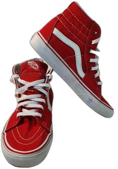 Vans High-top Custom Sneakers For Sports, Red Vans Sneakers With Rubber Sole, Red Lace-up Vans Sneakers, Vans Lace-up Skate Shoes With Red Sole, Sporty Vans Sneakers With Red Sole, Vans Low-top Sneakers With Red Sole, Red Lace-up High-top Sneakers For Skateboarding, Red Vans Slip-on Sneakers, Red High-top Sneakers For Skateboarding