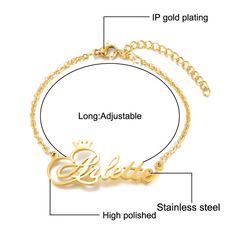 Introducing the Personalized Anklet Bracelet With Crown! This perfect anklet comes with a personal touch, making it a wonderful gift for yourself or someone special. It’s beautiful and versatile, perfect for pairing with any outfit. The bracelet is made of stainless steel and includes a delicate rolo chain with an extension. You can customize the size to fit anyone perfectly. Plus, the engraving options let you share any word that holds special significance to you. Whether you keep it simple or make a statement, this anklet is sure to make a great impression. Order yours today! Item specifics: Brand Get Engravings Material Stainless Steel Style Name Anklet Length: 20+5CM Hook Single Hook Chain type Rolo Chain Delight your loved one with this personalized anklet bracelet. It comes with a ti Elegant Adjustable Chain Anklet As Gift, Personalized Gold Name Bracelet With Adjustable Chain, Elegant Nameplate Bracelet With Adjustable Chain, Gold Tarnish Resistant Anklets For Gifts, Elegant Name Bracelet With Adjustable Chain, Customized Gold Name Bracelet, Elegant Adjustable Gold Bracelet For Birthday Gift, Elegant Adjustable Gold Bracelet For Birthday, Elegant Customized Bracelet As Birthday Gift