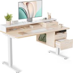 a computer desk with two drawers and a monitor on the top, in front of a white background