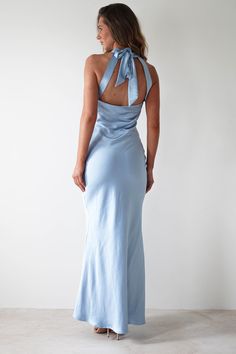 Natalia Soft Satin Maxi Dress | Blue Heels That Go With Blue Dress, Light Blue Long Dresses, Satin Maxi Dress With Ruched Back, Satin Maxi Dress With Ruched Back For Gala, Fitted Backless Maxi Dress With Satin Finish, Fitted Satin Finish Backless Maxi Dress, Satin Floor-length Maxi Dress With Ruched Back, Pale Blue Formal Dress, Backless Satin Maxi Dress For Gala