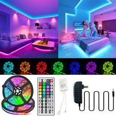 various color changing led strip lights with remote control, and two different pictures showing the same lighting