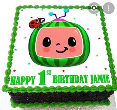 a birthday cake with an image of a cartoon character on the front and side, which says happy 1st birthday jamie