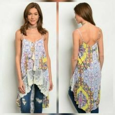 New With Tags Hayden Los Angeles Boho Floral Hi Lo Tank Top. Size Small Perfect For Summer. Yellow Printed Tops For Festival, Yellow Printed Festival Tops, Yellow Printed Sleeveless Top, Casual Yellow Tops With Lace Trim, Yellow Lace Trim Sleeveless Top, Yellow Sleeveless Top With Lace Trim, Small Boho, Lace Cami, Tank Top Cami