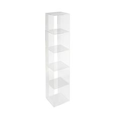 a tall clear shelf with three shelves on each side and one in the middle, against a white background