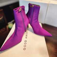 Good American Shine Bootie Brand New Inner Zip Stretch 4 In. Heel 5 In. Shaft 8 In. Boot Circumference Chic Purple Pointed Toe Boots, Chic Purple Heeled Boots For Fall, Chic Purple Ankle-high Boots, Chic Purple Boots For Night Out, American Shoes, Good American, Ankle Booties, Purple Color, Color Purple