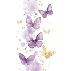 purple and gold butterflies flying in the air with watercolor paint on it's wings