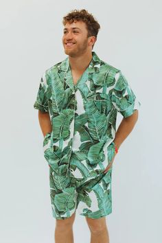 Men's Green Tropical Pajama set – Spikes and Seams Kente Print, Banana Leaf Print, Green Banana, Shirt And Shorts, Mens Pajamas, Banana Leaf, Mens Green, Pajama Shorts, Leaf Print