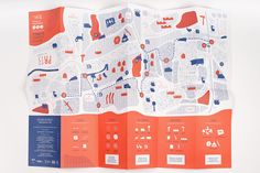 an orange and blue brochure is shown on a white background with information about the area