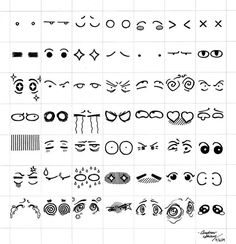 an image of different types of eyes and mouth shapes in black and white, with the words