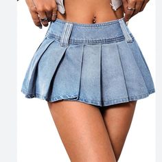 Denim Tennis Skirt Non-stretch Mid-rise Mini Skirt For Spring, High Waist Stretch Denim Blue Skort, High-waist Stretch Denim Blue Skort, Spring Stretch Denim Blue Mini Skirt, Spring Denim Blue Stretch Mini Skirt, Medium Wash Non-stretch Mini Skirt, High Waist Denim Skort, Non-stretch Medium Wash Mini Skirt, Spring Stretch Denim Blue Skort