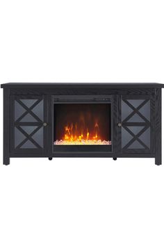 an entertainment center with a fire place and doors on the sides, in black finish