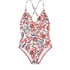 Elegant Red And White Floral Print. Strappy Detail In Front And Back. Without Tags, But Never Worn. Size L Red Floral Summer Swimwear, Red Floral Print Summer Swimwear, Red Floral Print Sleeveless Swimwear, White V-neck Swimwear With Floral Print, White Floral Print V-neck Swimwear, Red Printed Beachy Swimwear, Red One-piece Swimwear With Floral Print, Red Floral One-piece Swimwear, Red Floral Print One-piece Swimwear