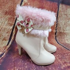 Pink Fur Heel Boots New Without Tags Brand Unknown Size 6.5 6 1/2 Pink Fur Lining Accented With A Bow, Strap And Dangling Gem Fur Heel Boots, Pink Fur Heels, Faux Boots, Fluffy Boots, Fur Heels, Boot Shoes, Pink Fur, Heel Boots, Cute Fits