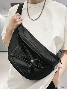 BagForLove - Black Oversized Fanny Pack with Drawstring Detail Word Wrap, Waist Bags, Bag Style, 16 9, Sling Bag, Fanny Pack, Drawstring Bag, Solid Black, Fashion Bags