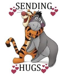 two cartoon characters hugging each other with the words sending hugs