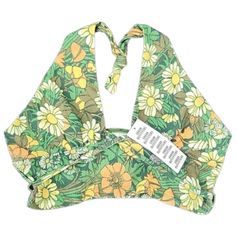 Nwt No Flaws Retro Green Printed Tops, Green Floral Print Sleeveless Crop Top, Green Printed Spring Tops, Green Printed Casual Crop Top, Casual Green Printed Crop Top, Fitted Green Summer Tops, Summer Floral Triangle Top, Retro Green Sleeveless Top, Green Summer Halter Crop Top