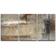 three abstract paintings on a white wall, one is brown and the other is beige