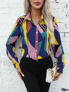 Bjux - Professional Womens Long Sleeve Button Front Shirt with Geo Print - Ideal for Casual Wear and the Office Printed Button-up Office Shirt, Multicolor Print Button-up Top, Trendy Multicolor Print Fall Shirt, Graphic Print Office Tops For Fall, Multicolor Long Sleeve Tops With Button Closure, Trendy Colorful Patterned Shirt, Trendy Multicolor Patterned Shirt, Trendy Button-up Printed Top, Casual Long Sleeve Shirt With Colorful Pattern