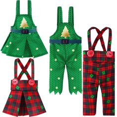 three green and red plaid christmas jumpers with bows on the front, two in the back