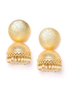 These simple & elegant gold-toned dome jhumki earrings are gold-plated, come with a unique pattern & beads, and are secured with a post and back closure. These handcrafted dome jhumkis can be paired with any traditional outfit to add a dash of subtle charm. Product color may vary based on the monitor or screen you are using.See FAQ for more details. Size Length: 5.5 cm Details Material: BrassStones: Artificial BeadsPlating: Gold-plated Gold Chandbalis With Cutdana Detail, Festive Gold Jhumkas With Pallu, Gold Jhumkas With Intricate Design For Festive Occasions, Festive Gold Jhumkas With Intricate Design, Navratri Gold Cutdana Jhumkas, Traditional Gold Jhumkas For Navratri, Chandbali Earrings With Bells For Festivals, Gold Jhumkas With Tilla For Navratri, Traditional Gold Jhumkas With Cutdana