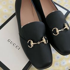 Gucci Loafers Size 39 Original Box Worn Once For An Hour Perfect Condition Chic Gucci Loafers For Business, Gucci Black Loafers For Work, Gucci Elegant Loafers With Round Toe, Gucci Round Toe Loafers For Office, Gucci Loafers For Office With Round Toe, Chic Gucci Loafers For Formal Occasions, Chic Gucci Formal Loafers, Gucci Almond Toe Loafers For Workwear, Gucci Elegant Loafers For Office