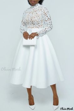 Olivia Mark - Elegant Lace Midi Dress with Flowy A-Line Silhouette White Gown Styles For Ladies, Classy Dress Outfits For Wedding Guest, English Gowns, Long Sleeve Lace Gown, Formal Wedding Guest Dress, Formal Wedding Guests, Classy Gowns, Lace Party Dresses, Dresses Trendy