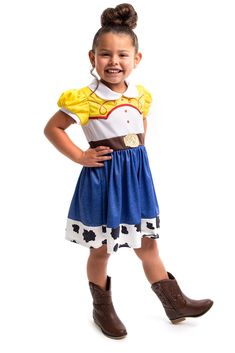 PRICES MAY VARY. Your little one will step back in time and be ready for adventuring in the wild west when they put on their new Cowgirl Dress. This dress is made entirely from soft knit, beginning with the white and yellow bodice decorated with red trims and stitching. Accented with the a sewn in belt with a heat seal buckle and finished with the knit skirt with adorable cow print trim. Cowgirl Hat sold separately. BOOTS NOT INCLUDED. Machine washable! Made for everyday play and adventure. No b Girls Cowgirl Costume, Cowgirl Dress Up, Cowgirl Dress, Everyday Princess, Cowgirl Dresses, Queen Dresses, Up Costume, Cowgirl Costume, Up Costumes