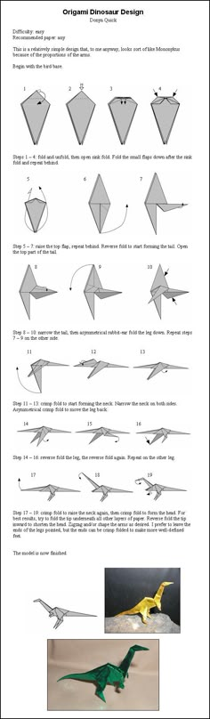 instructions for how to make an origami dinosaur