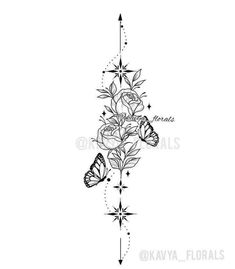 a black and white tattoo design with roses, butterflies and stars on the back of it