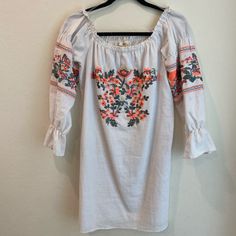 Nwt Adorable Lightweight Embroidered Dress Perfect For Summer Weather. Can Be Worn Off The Shoulders Or Slightly Above. 100% Cotton. Make An Offer White Peasant Embroidered Long Sleeve Dress, White Long Sleeve Peasant Embroidered Dress, White Peasant Dress With Embroidered Hem, Cotton Embroidered Dress With Floral Embroidery For Brunch, White Embroidered Long Sleeve Dress With Floral Print, White Long Sleeve Embroidered Dress With Floral Print, White Long Sleeve Embroidered Cotton Dress, White Long Sleeve Dress With Floral Embroidery, Spring Peasant Embroidered Dress With Multicolor Embroidery