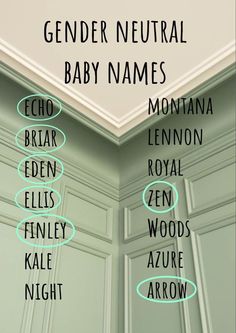 the names of gender neutral baby names are shown in green and black on this wall