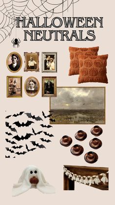 halloween neutrals are featured in this collage with pumpkins, bats and other items