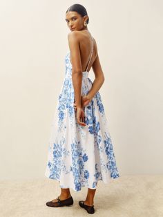 How classic. Shop the Percy Linen Dress from Reformation, a midi length dress with a high halter neckline. Greece Vacation Outfit, Greece Outfit, White Flowy Dress, Essential Dress, Floral Inspiration, Swimming Outfit, Vintage Inspired Dresses, Midi Length Dress, Halter Neckline